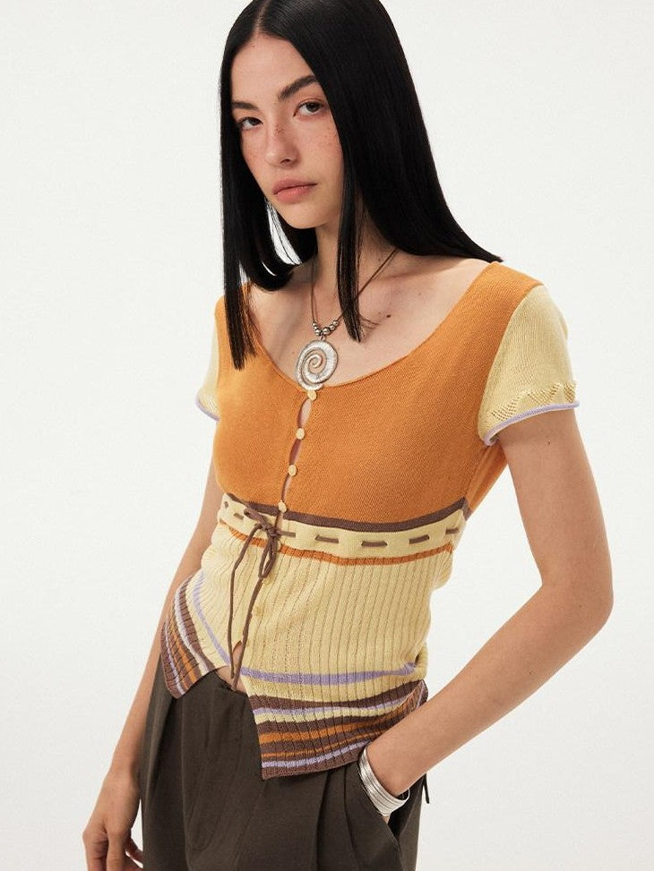 DIDDI MODA Orange Coffee Colorblock Striped Knit U Neck Women&