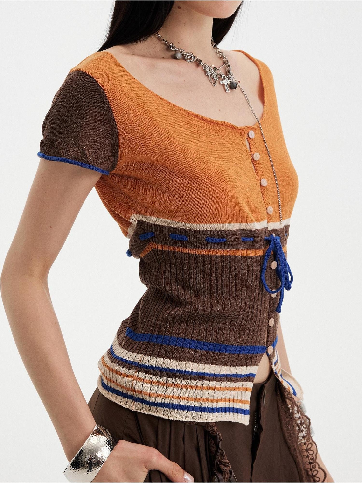 DIDDI MODA Orange Coffee Colorblock Striped Knit U Neck Women&