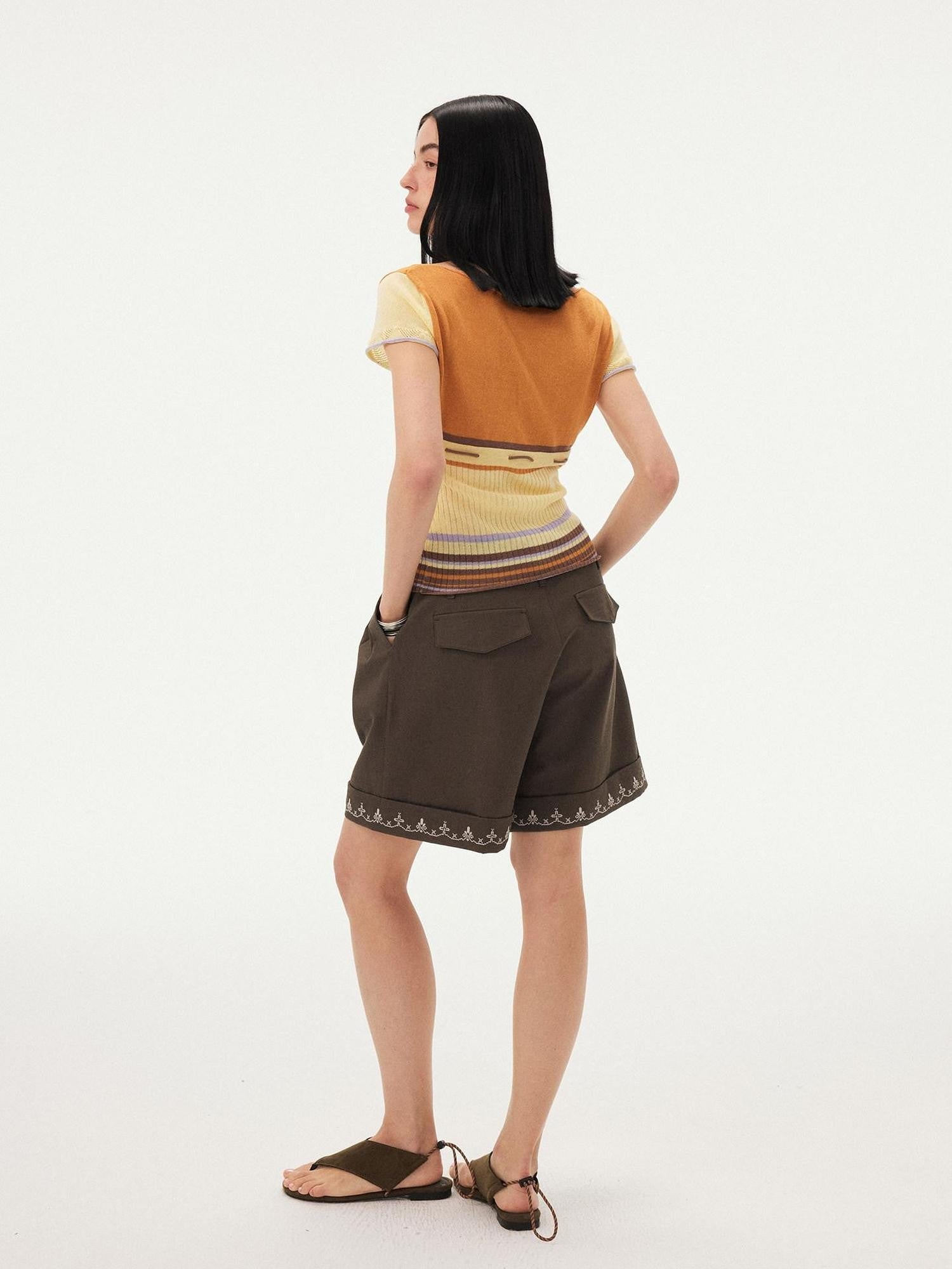 DIDDI MODA Orange Coffee Colorblock Striped Knit U Neck Women&