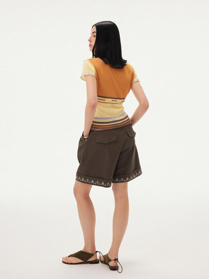 DIDDI MODA Orange Coffee Colorblock Striped Knit U Neck Women&
