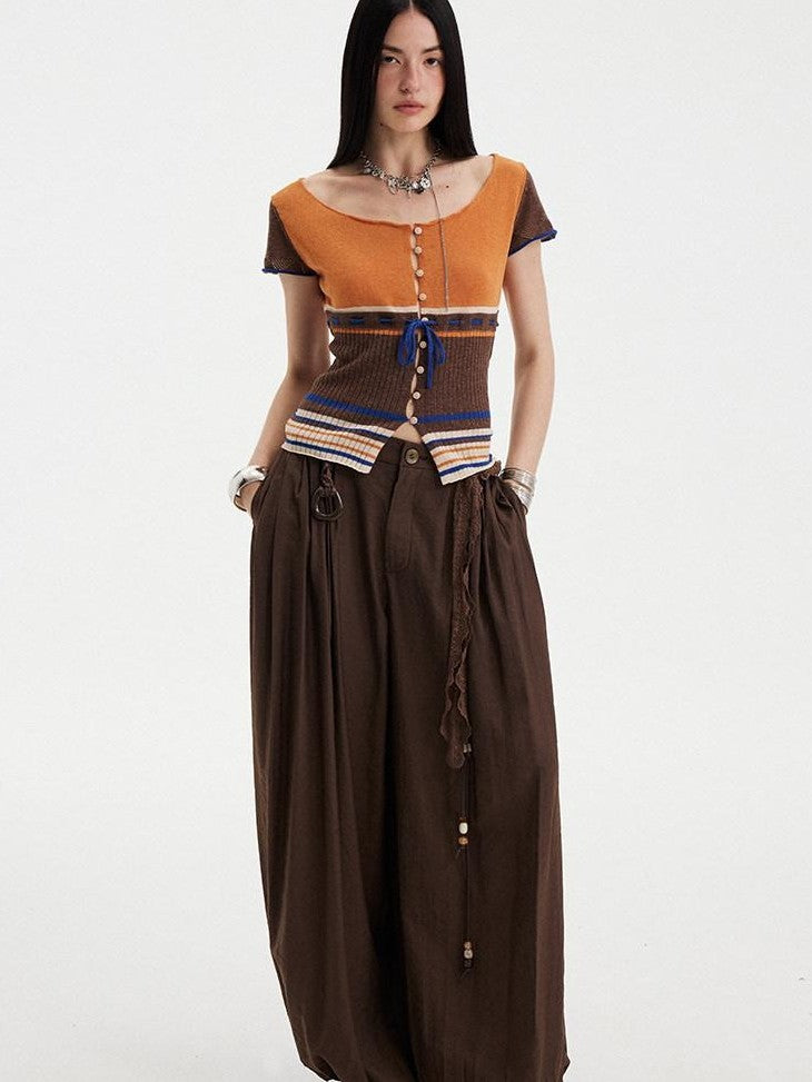DIDDI MODA Orange Coffee Colorblock Striped Knit U Neck Women&