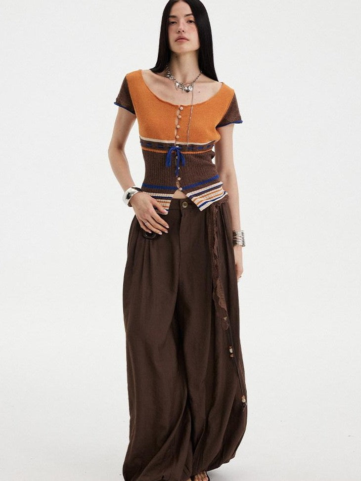 DIDDI MODA Orange Coffee Colorblock Striped Knit U Neck Women&