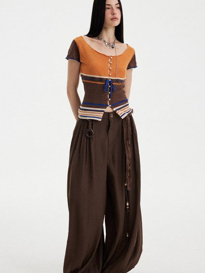 DIDDI MODA Orange Coffee Colorblock Striped Knit U Neck Women&