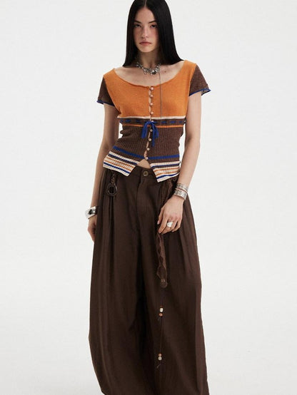 DIDDI MODA Orange Coffee Colorblock Striped Knit U Neck Women&