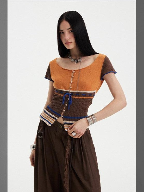 DIDDI MODA Orange Coffee Colorblock Striped Knit U Neck Women&