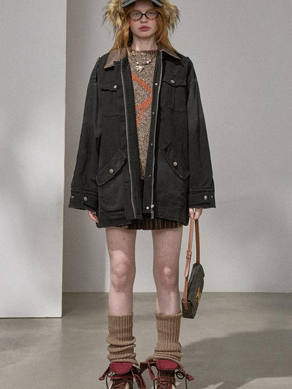 DIDDI MODA Oversized Distressed Washed Lapel Women&