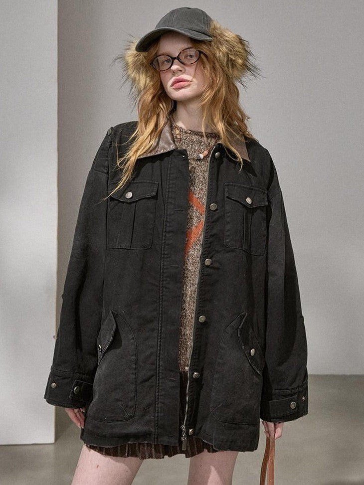 DIDDI MODA Oversized Distressed Washed Lapel Women&