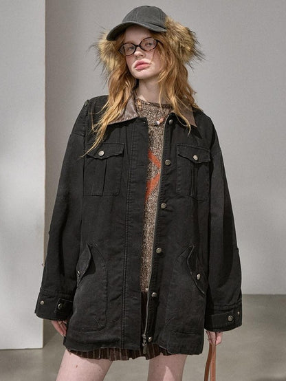 DIDDI MODA Oversized Distressed Washed Lapel Women&