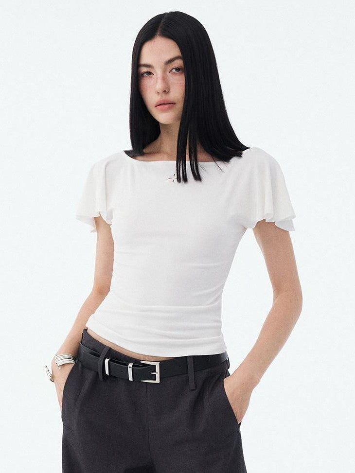 DIDDI MODA Oxygen White Soft U Neck Backless Slim Fit Flutter Sleeve Women&