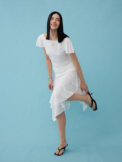 DIDDI MODA Oxygen White Soft U Neck Backless Slim Fit Flutter Sleeve Women&