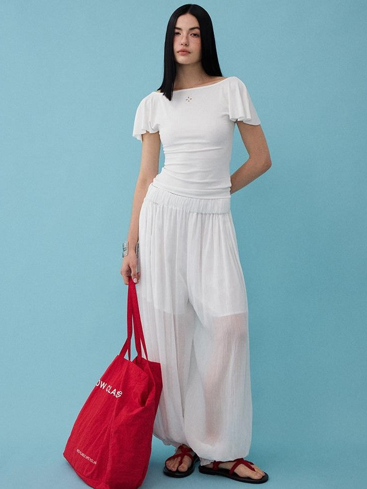 DIDDI MODA Oxygen White Soft U Neck Backless Slim Fit Flutter Sleeve Women&