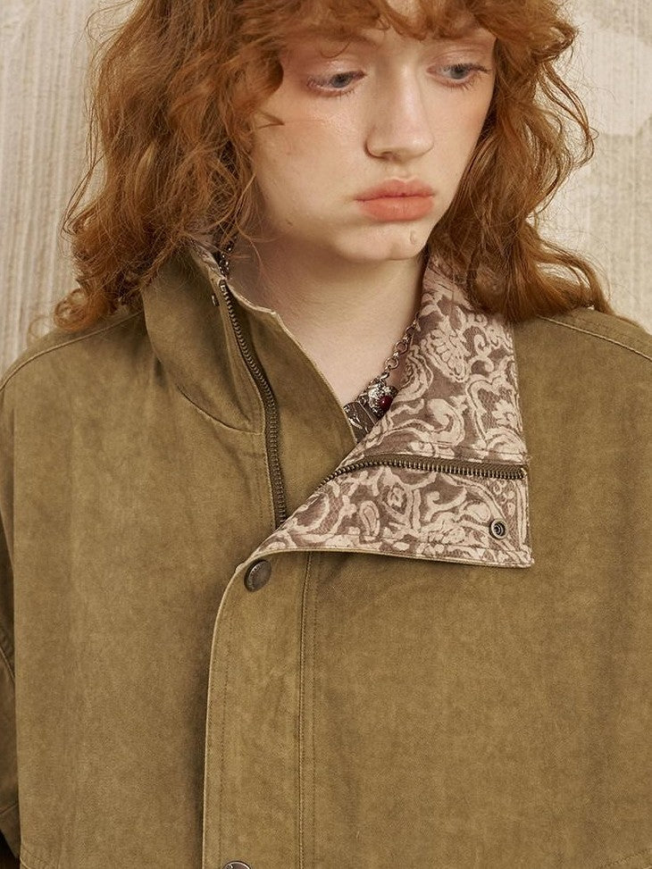 DIDDI MODA Paisley Patchwork Washed Stand Collar Women&