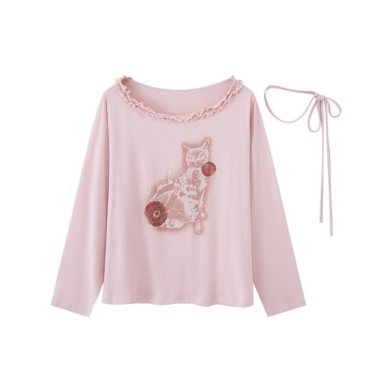 DIDDI_MODA_Pale_Pink_Polka_Dot_Cat_Print_Off_Shoulder_Ruffle_Women&