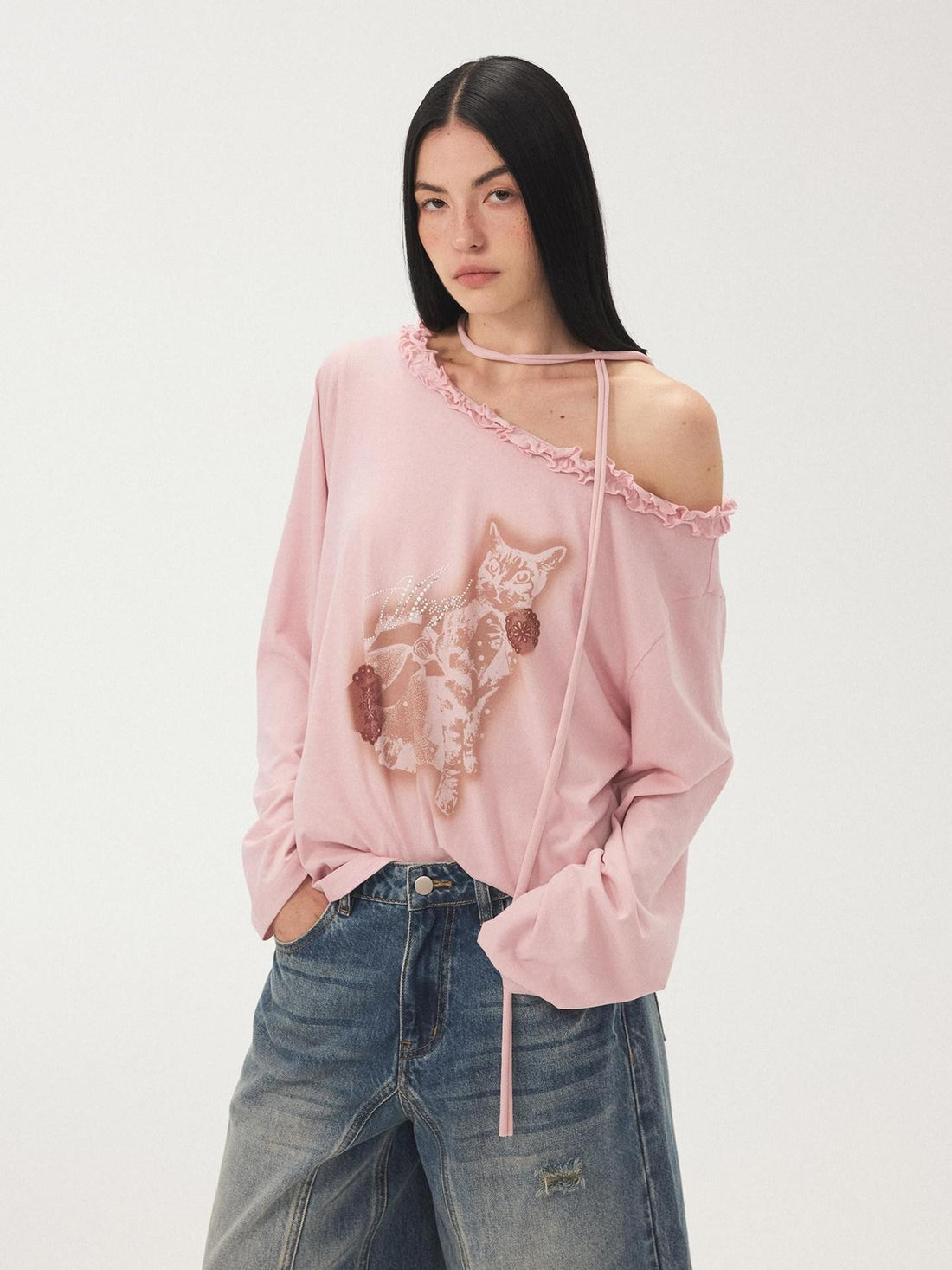 DIDDI MODA Pale Pink Polka Dot Cat Print Off Shoulder Ruffle Women&