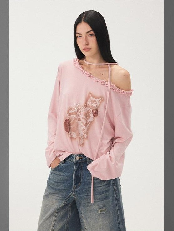 DIDDI MODA Pale Pink Polka Dot Cat Print Off Shoulder Ruffle Women&