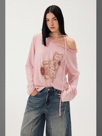DIDDI MODA Pale Pink Polka Dot Cat Print Off Shoulder Ruffle Women&