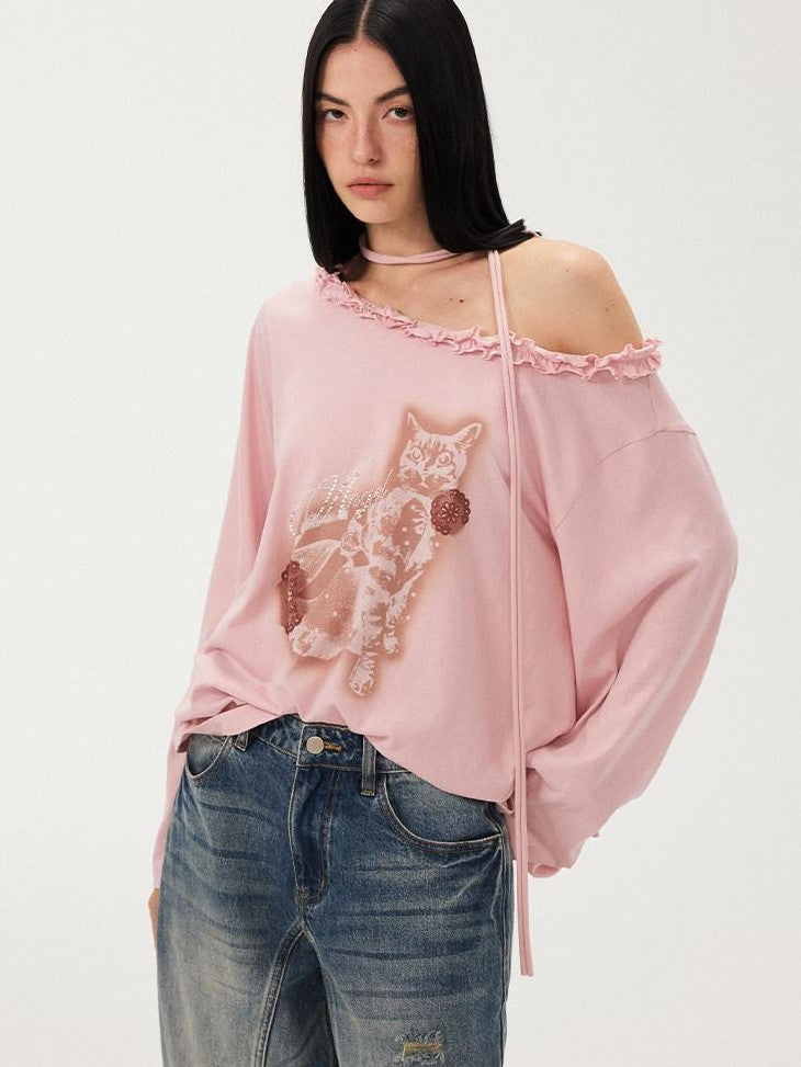 DIDDI MODA Pale Pink Polka Dot Cat Print Off Shoulder Ruffle Women&