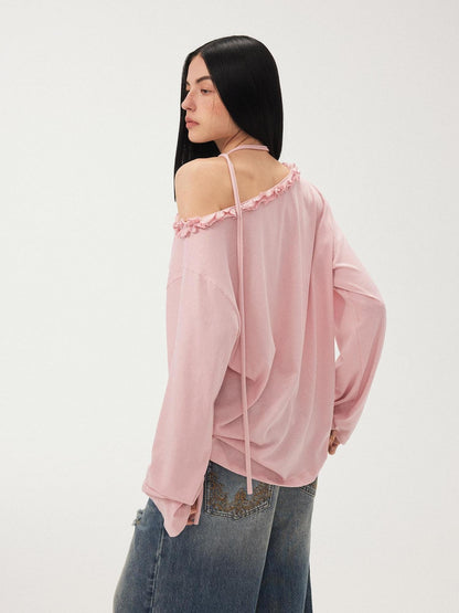 DIDDI MODA Pale Pink Polka Dot Cat Print Off Shoulder Ruffle Women&