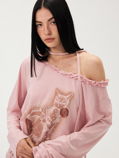 DIDDI MODA Pale Pink Polka Dot Cat Print Off Shoulder Ruffle Women&