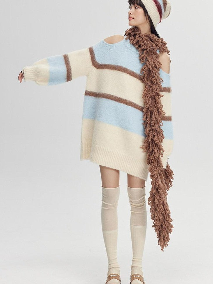 DIDDI MODA Pink Coffee Striped Brushed Rounded Top Knitted Women&