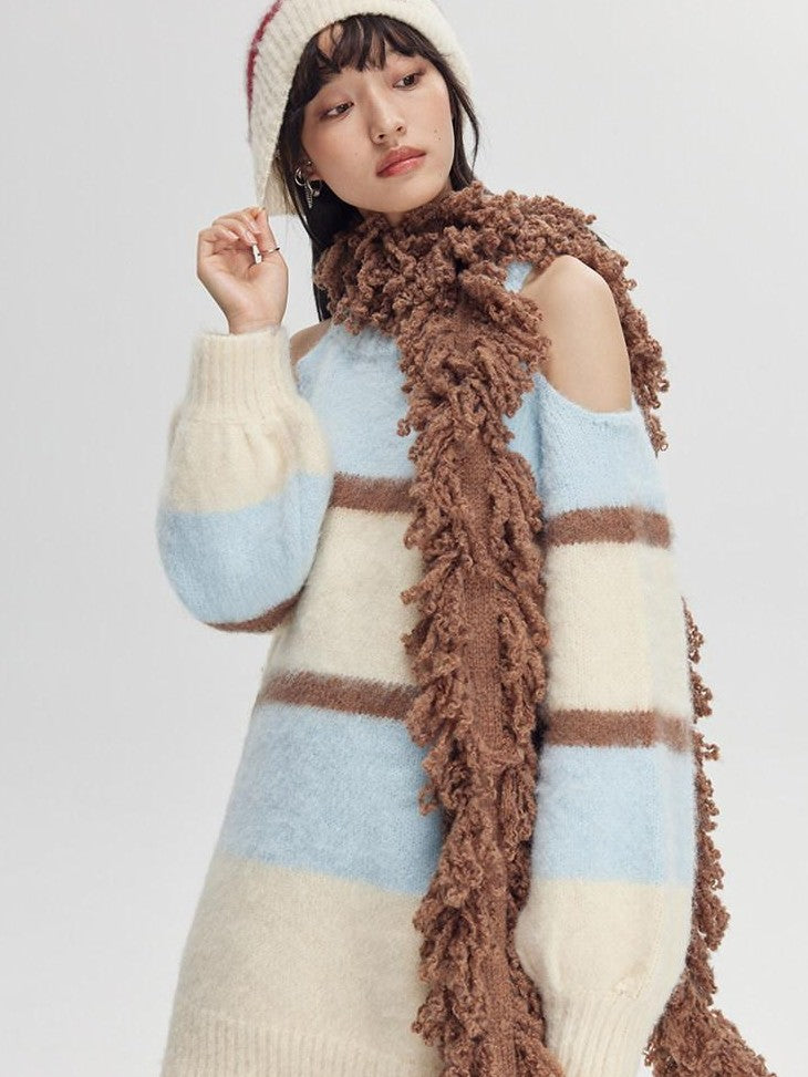 DIDDI MODA Pink Coffee Striped Brushed Rounded Top Knitted Women&