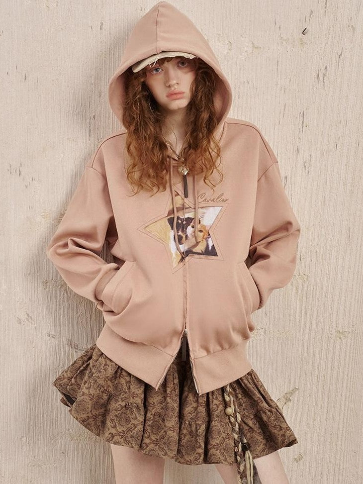 DIDDI MODA Pink Star Print Applique Embroidery Loose Women&