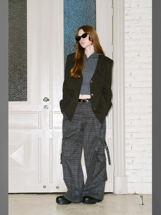 DIDDI MODA Plaid Asymmetrical Tie Shoulder Women&