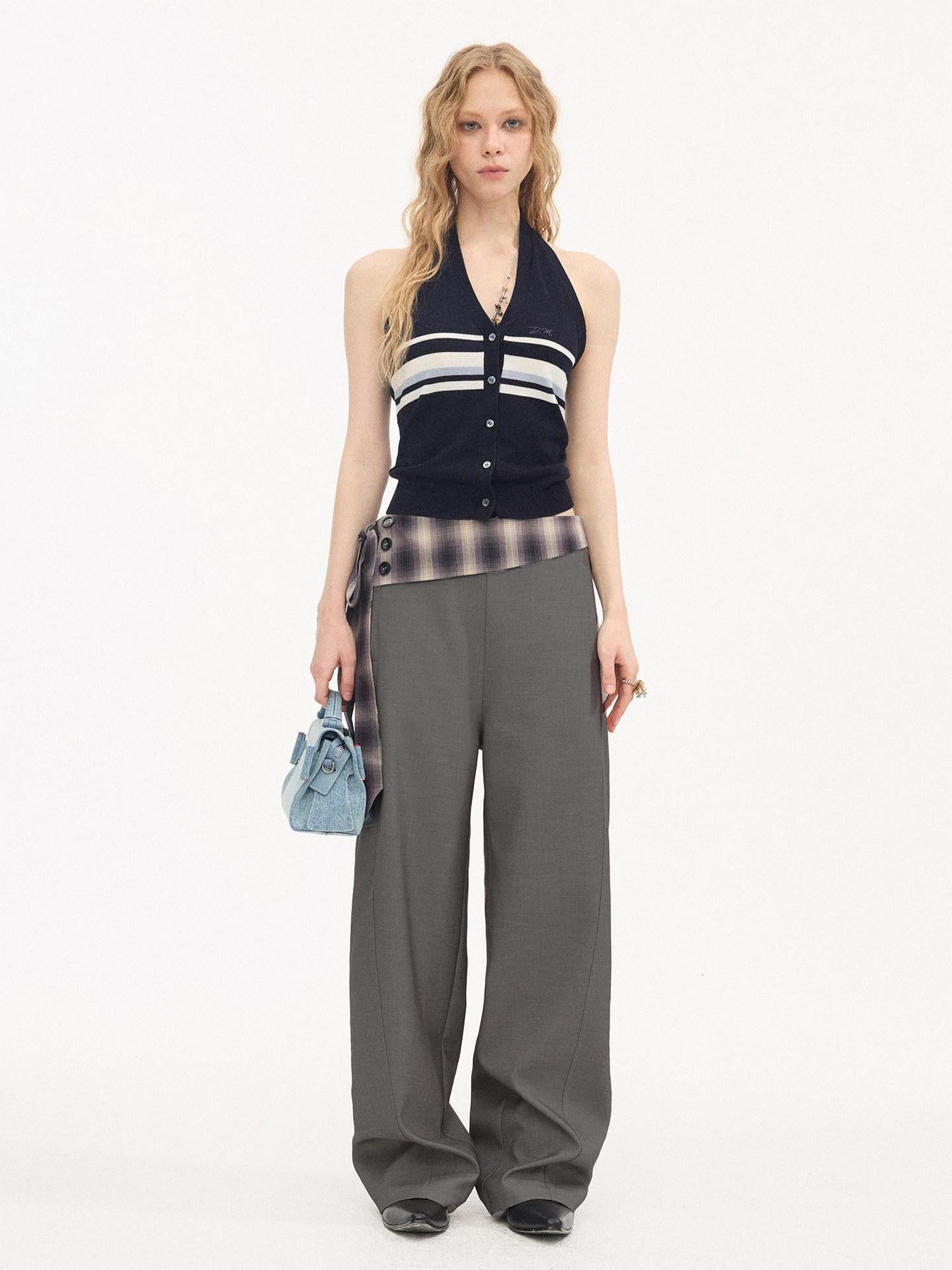 DIDDI MODA Plaid Foldover Tie Waist Drapey Women&