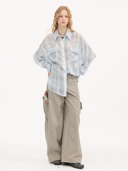 DIDDI MODA Plaid Large Pocket Lantern Sleeve Tie Waist Women&