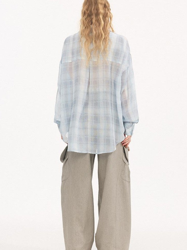 DIDDI MODA Plaid Large Pocket Lantern Sleeve Tie Waist Women&