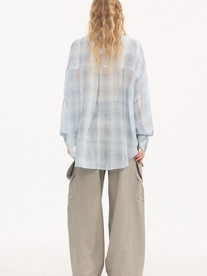 DIDDI MODA Plaid Large Pocket Lantern Sleeve Tie Waist Women&