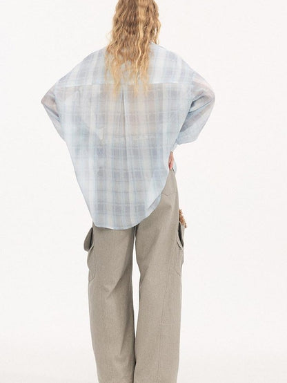 DIDDI MODA Plaid Large Pocket Lantern Sleeve Tie Waist Women&