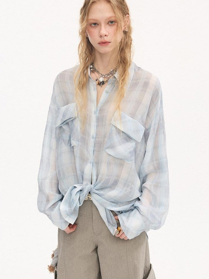 DIDDI MODA Plaid Large Pocket Lantern Sleeve Tie Waist Women&