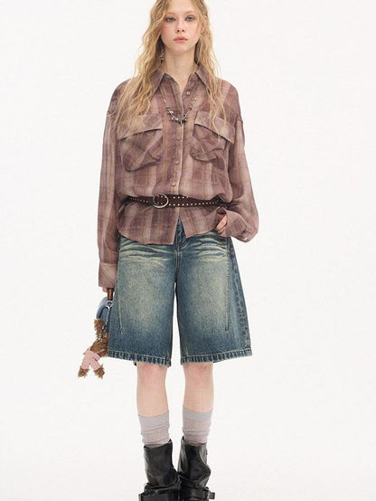 DIDDI MODA Plaid Large Pocket Lantern Sleeve Tie Waist Women&