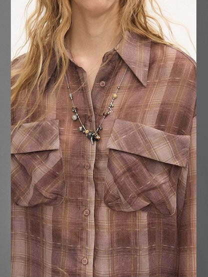 DIDDI MODA Plaid Large Pocket Lantern Sleeve Tie Waist Women&