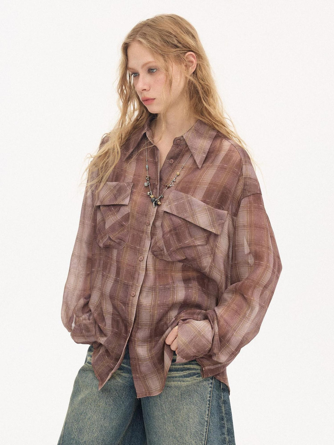 DIDDI MODA Plaid Large Pocket Lantern Sleeve Tie Waist Women&