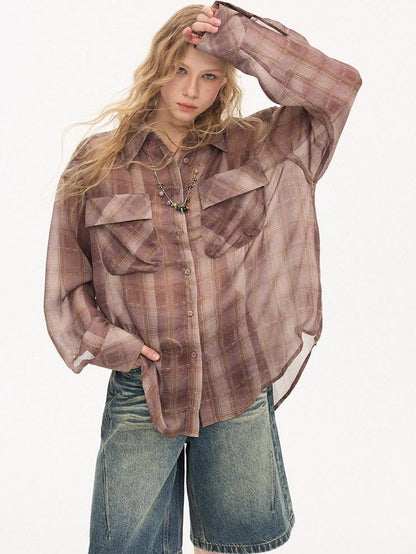 DIDDI MODA Plaid Large Pocket Lantern Sleeve Tie Waist Women&
