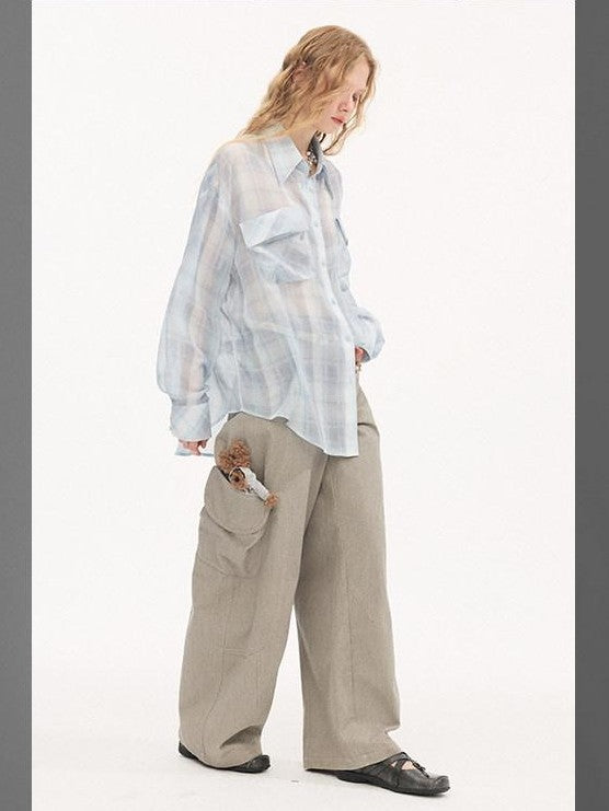 DIDDI MODA Plaid Large Pocket Lantern Sleeve Tie Waist Women&