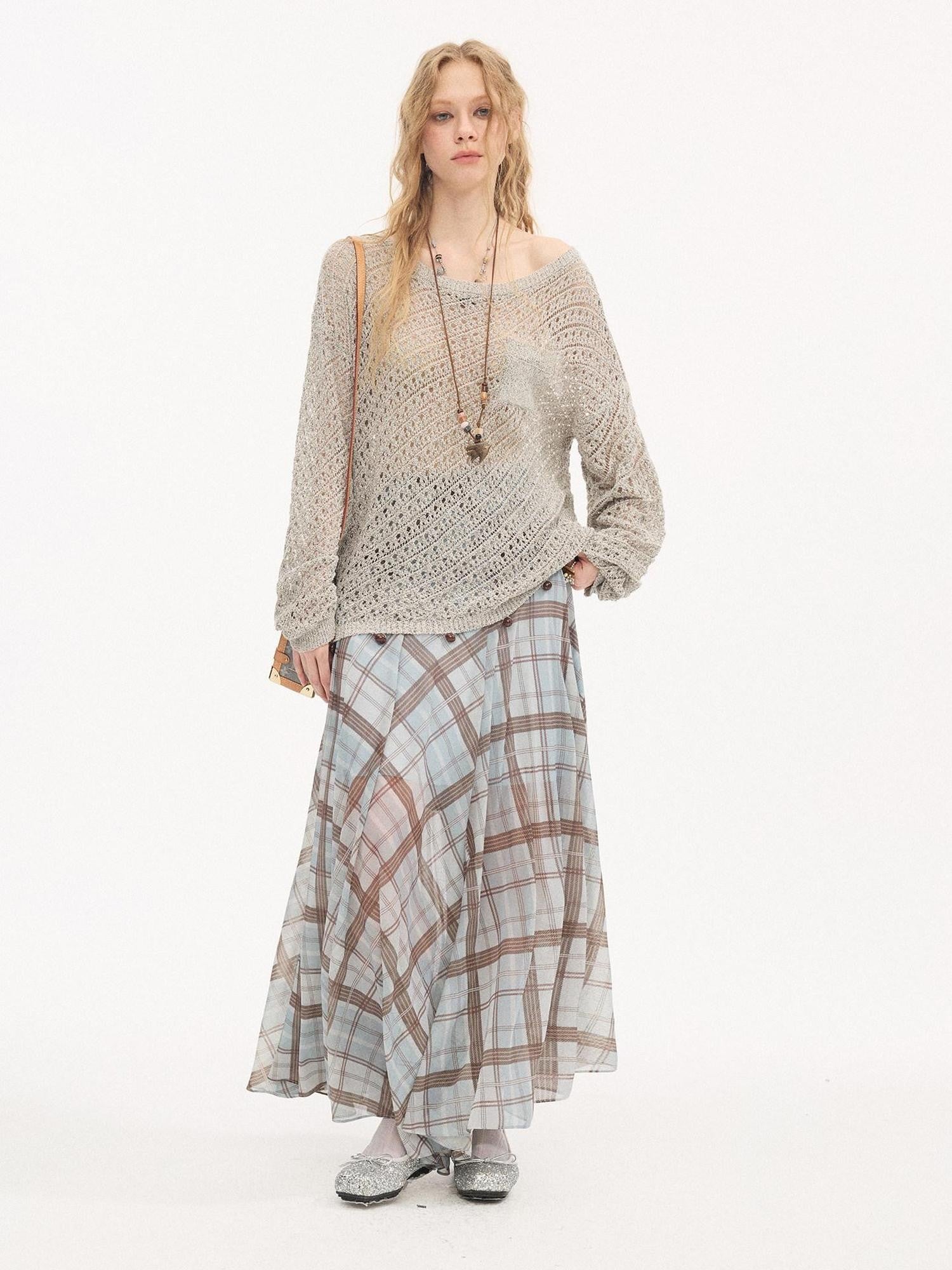 DIDDI MODA Plaid Print Ruched Waist Flared Fairy Women&