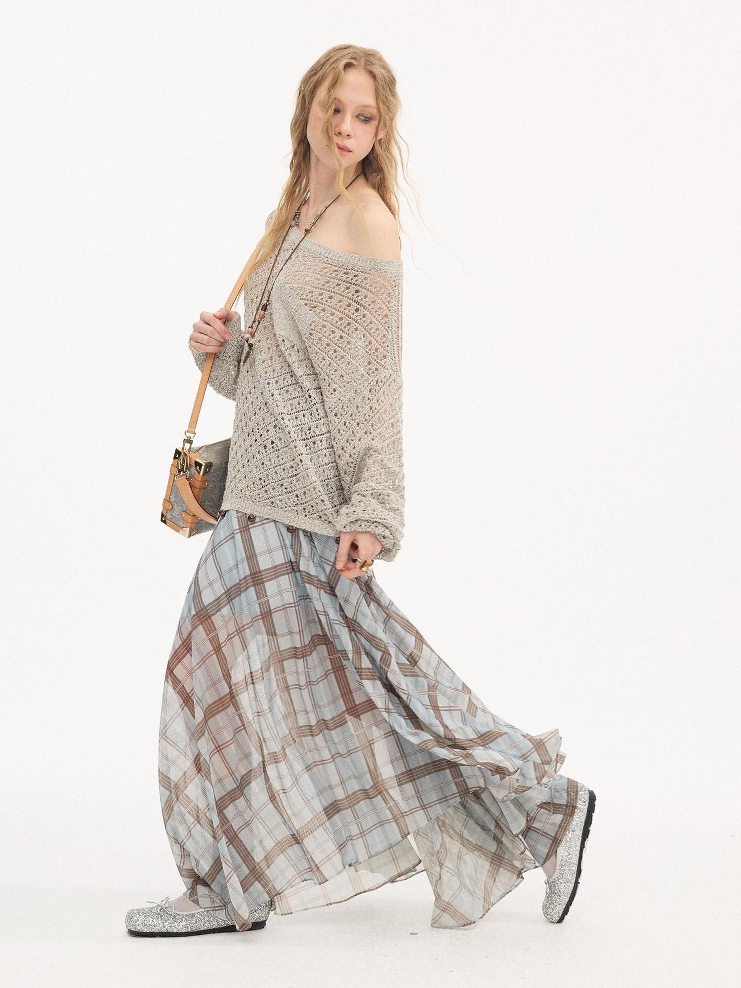 DIDDI MODA Plaid Print Ruched Waist Flared Fairy Women&