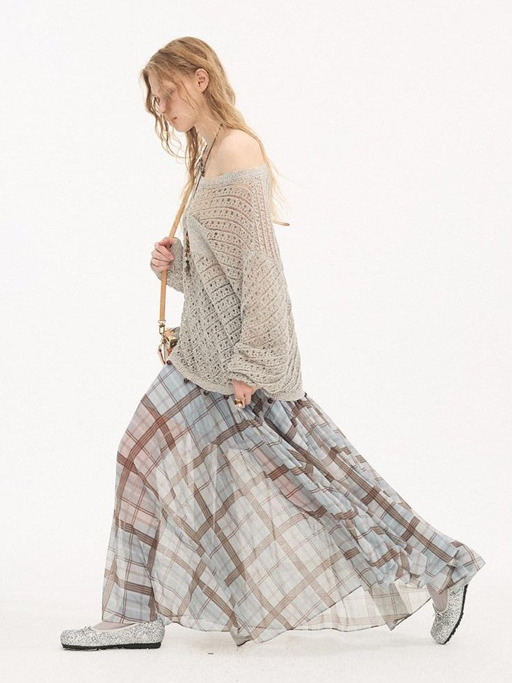 DIDDI MODA Plaid Print Ruched Waist Flared Fairy Women&