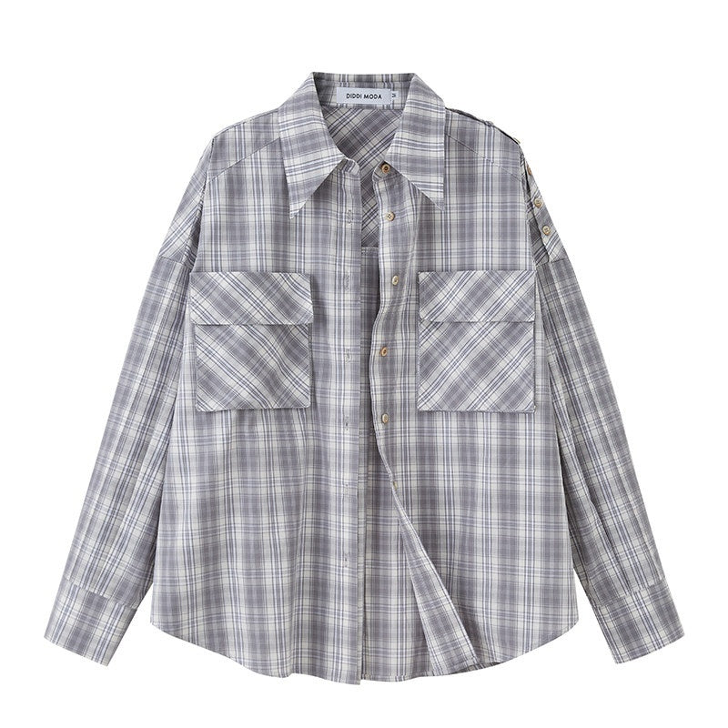 DIDDI_MODA_Plaid_Turn_Down_Collar_Long_Sleeve_Loose_Women&
