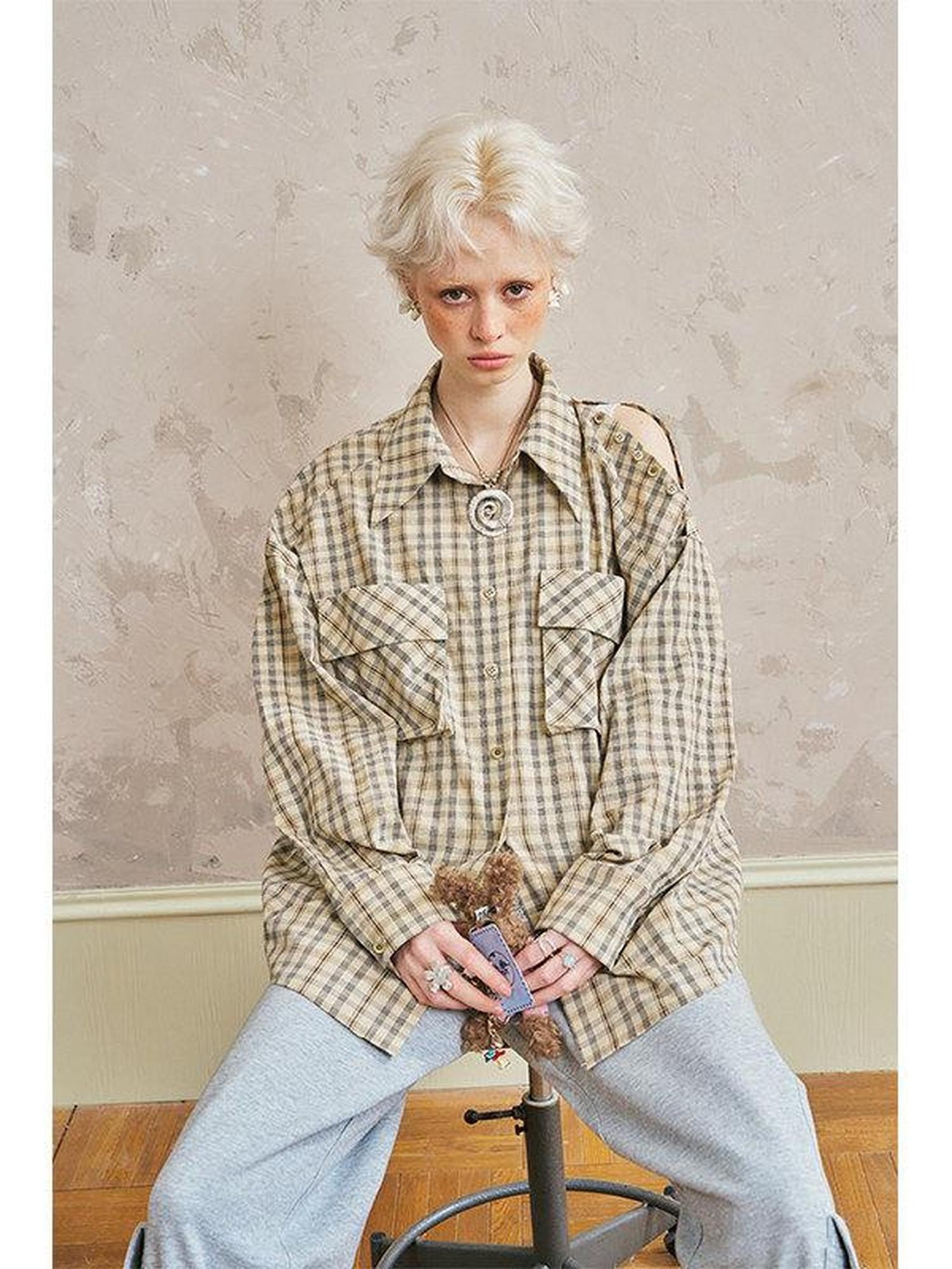 DIDDI MODA Plaid Turn Down Collar Long Sleeve Loose Women&