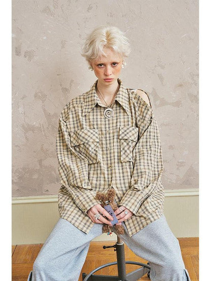 DIDDI MODA Plaid Turn Down Collar Long Sleeve Loose Women&