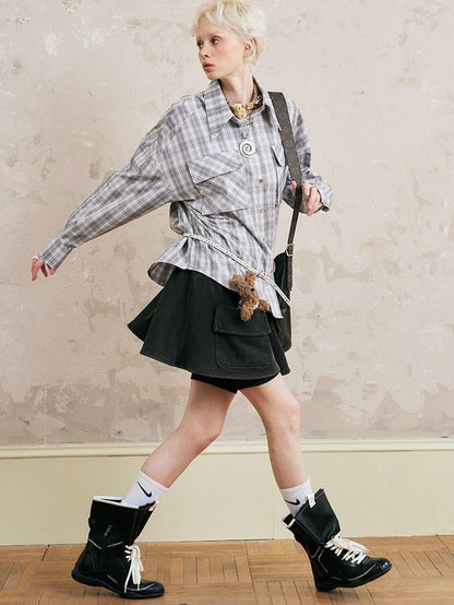 DIDDI MODA Plaid Turn Down Collar Long Sleeve Loose Women&