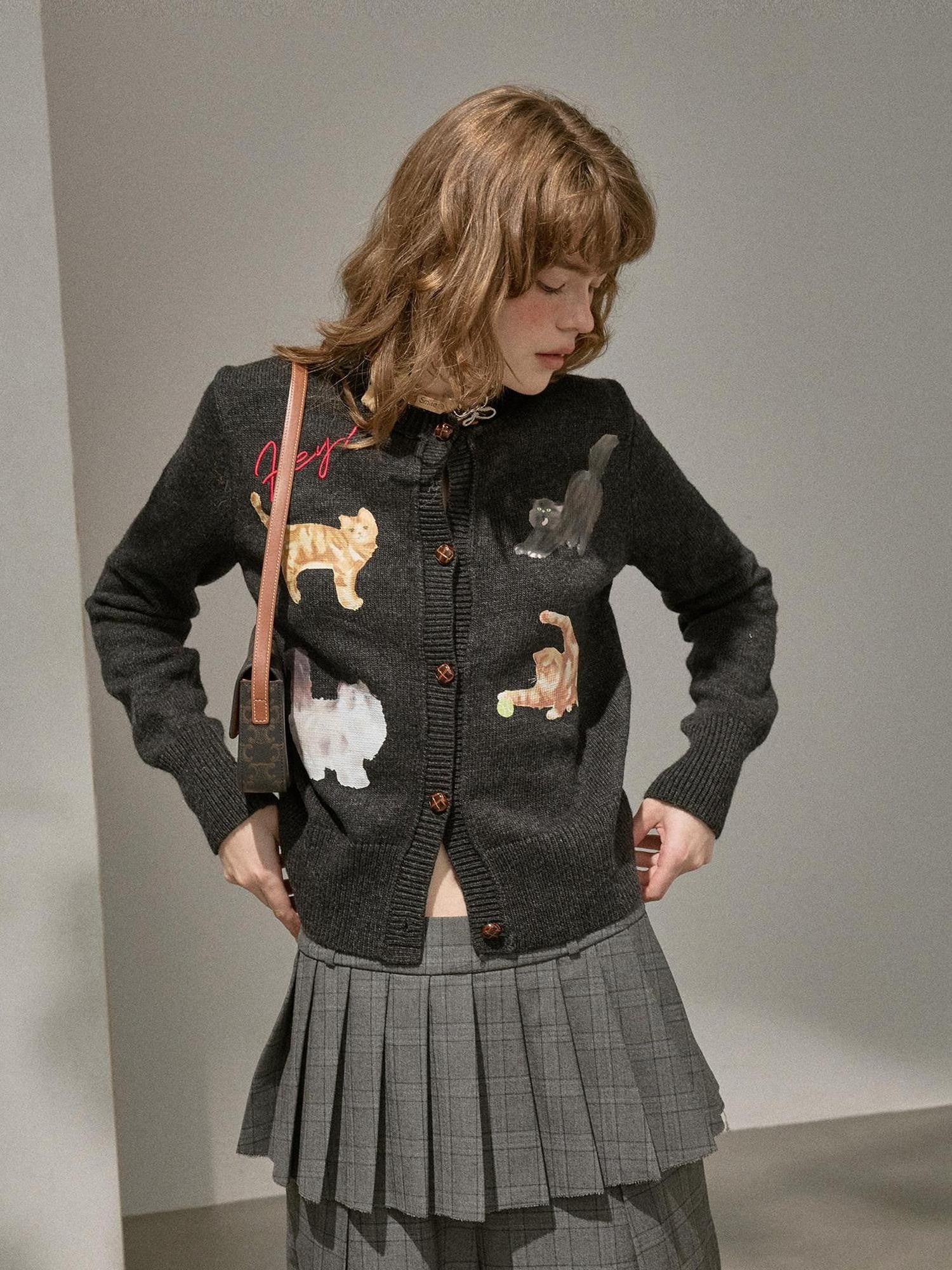 DIDDI MODA Playful Kitten Print Buttoned Women&