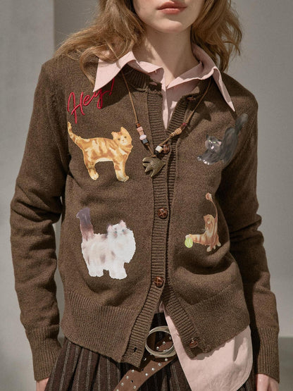DIDDI MODA Playful Kitten Print Buttoned Women&