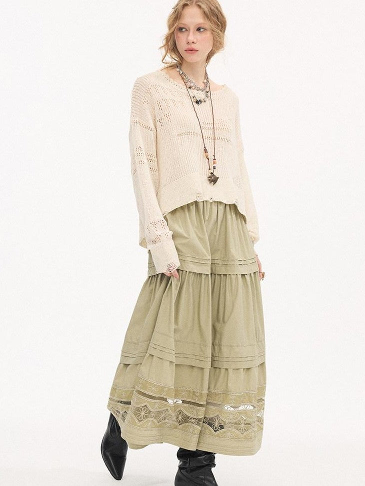 DIDDI MODA Pleated Tucked Openwork Lace Women&