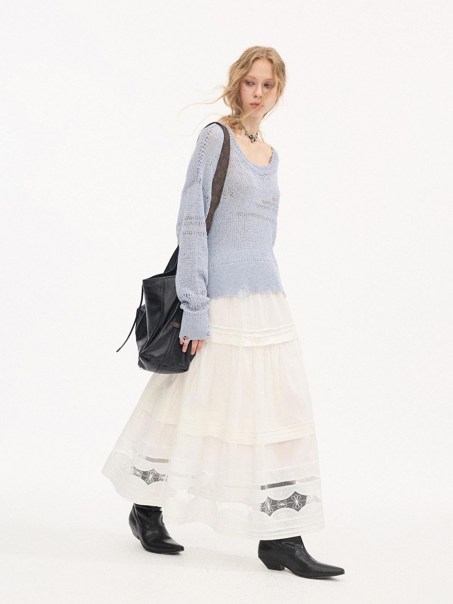 DIDDI MODA Pleated Tucked Openwork Lace Women&