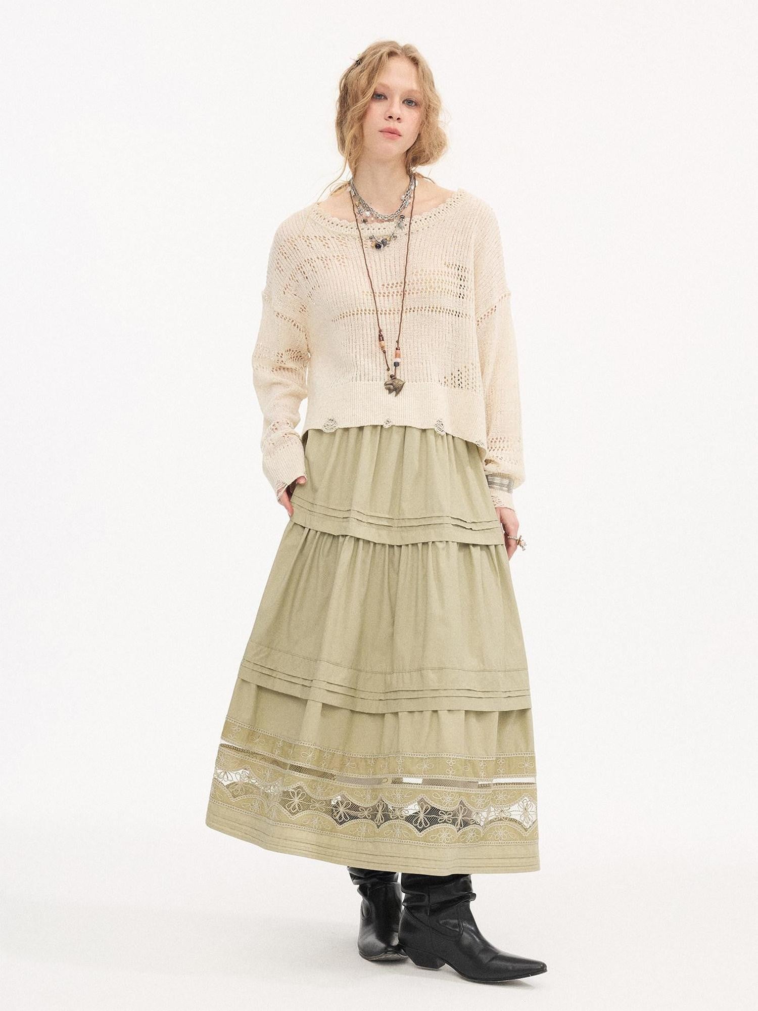 DIDDI MODA Pleated Tucked Openwork Lace Women&